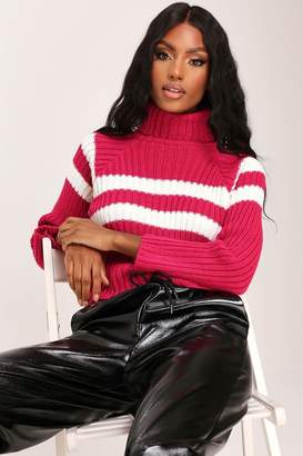 I SAW IT FIRST Hot Pink Stripe Roll Neck Knitted Jumper