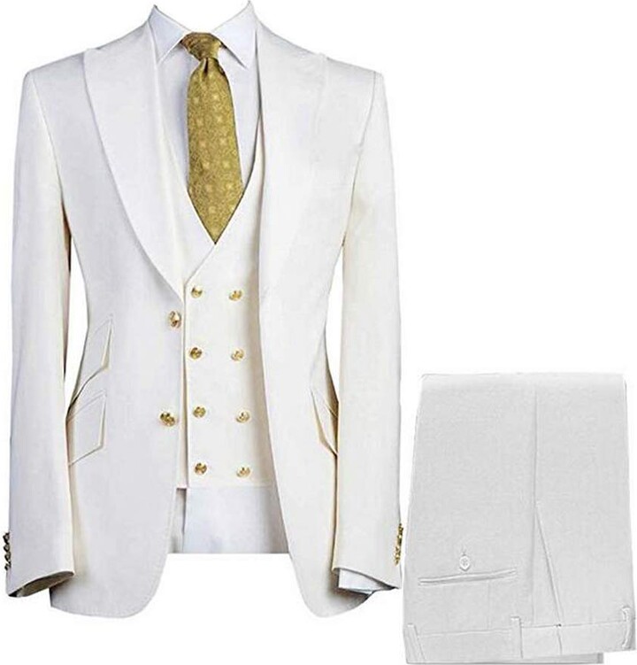 KA Beauty Men's White Suits Regular Fit 3 Piece Notch Double Breasted Prom Tuxedos for Wedding