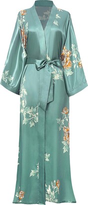 BABEYOND Women's Long Kimono Dressing Gown Satin Floral Kimono Robe Long Chinese Japanese Style for Nightwear Girl's Bonding Party Wedding Pajama Party(Style-2-SilverGreen)