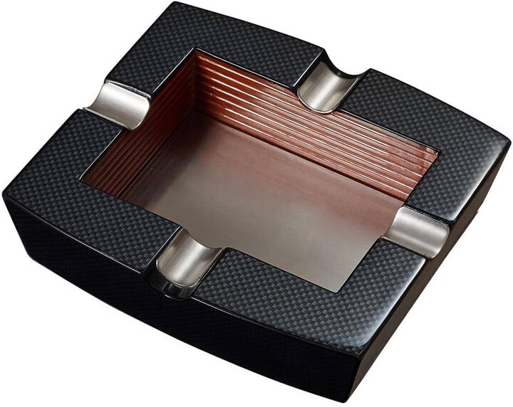 Visol Nomandy Carbon Fiber Patterned Wooden Cigar Ashtray with 4 Cigar Rests