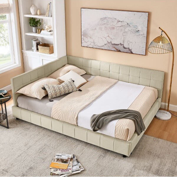 KumasinovaPlatformBedFrameQueenSizewithTuftedBackrestQueenBedFramewithArmrestsNoBoxSpringNeededBedFramesforKids&TeensBeige