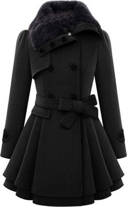 LOPILY Women's Double Breasted Woolen Coats Draped Waterfall Pea Coat Plus  Size Swing Coat Faux Fur Collar Cute Tops for Women Winter(Black - ShopStyle
