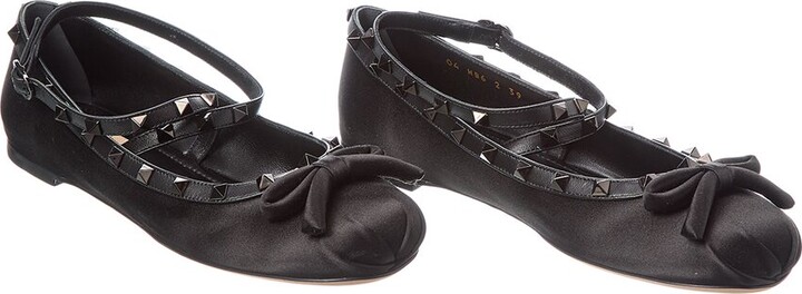 Valentino Rockstud Satin & Leather Ankle Strap Ballerina Flat (Authentic Pre- Loved)