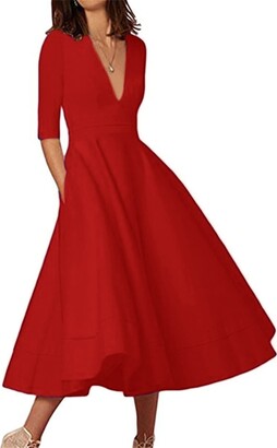 OMZIN Ladies Occasion Dress Plus Size Bridal Dress Summer Dress with  Sleeves A-Line Wrap Dresses red 3XL - ShopStyle
