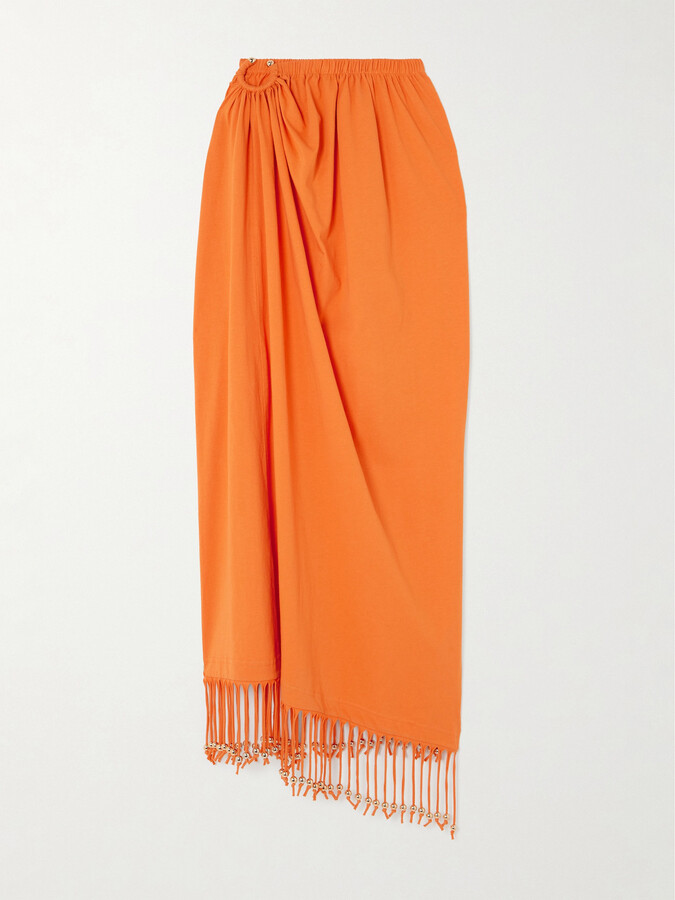 RABANNE - Fringed Embellished Gathered Cotton-jersey Midi Skirt - Orange