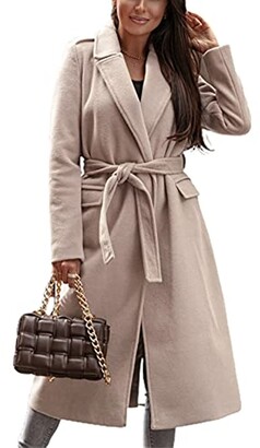 shangji Women's Notch Lapel Open Front Belted Maxi Long Winter Wrap Wool  Coat (Beige M) - ShopStyle