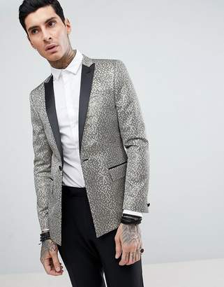 ASOS DESIGN skinny tuxedo suit jacket in gold honeycomb effect with black contrast lapel