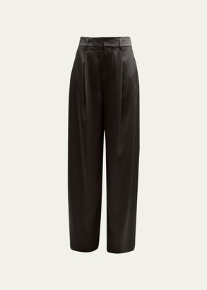 Black Pleated silk-satin wide-leg pants