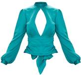 Thumbnail for your product : PrettyLittleThing Teal Satin Open Back Plunge Choker Blouse