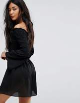 Thumbnail for your product : Missguided Fluted Sleeve Shirred Bardot Skater Dress