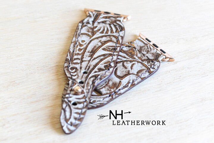 Leather Apple Watch Band Chocolate Brown Copper Golden Floral Embossed 38mm 40mm 41mm 42mm 44mm 45mm 46mm 49mm Samsung Galaxy Ultra 47