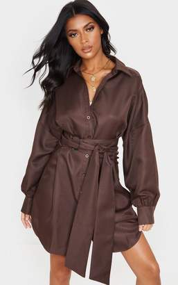 PrettyLittleThing Chocolate Belted Tie Shirt Dress