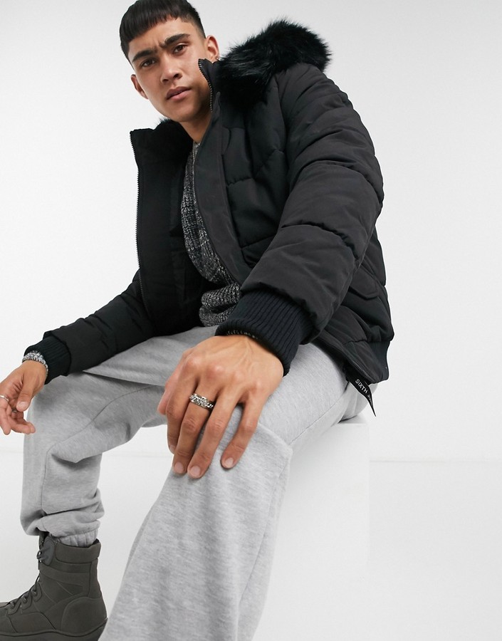 sixth june parka coat in black with black faux fur hood