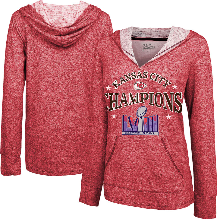 Women's Majestic Threads Red Kansas City Chiefs Super Bowl LVIII Champions Dunk Slub Pullover V-Neck Hoodie