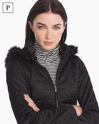 White House Black Market Petite Quilted Puffer Jacket with Removable Faux Fur Trim Hood