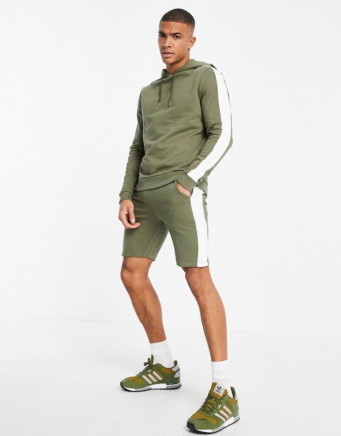 ASOS DESIGN tracksuit with hoodie & shorts with side stripe in khaki -  MGREEN - ShopStyle