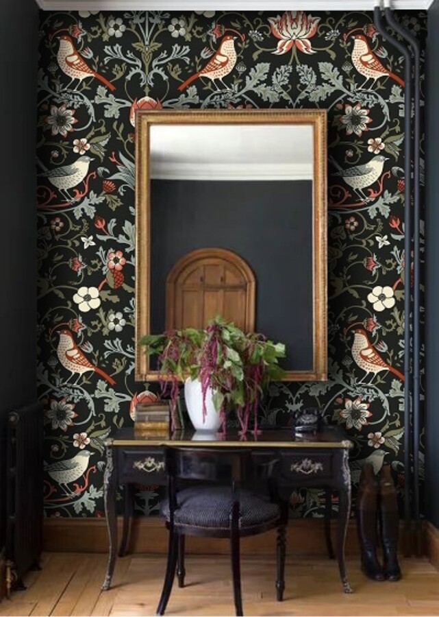 William Morris Wallpaper, Dark Vintage Floral Bird Removable Moody Flower Victorian Inspired Wallpaper #222