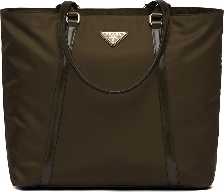 prada triangle logo leather tote