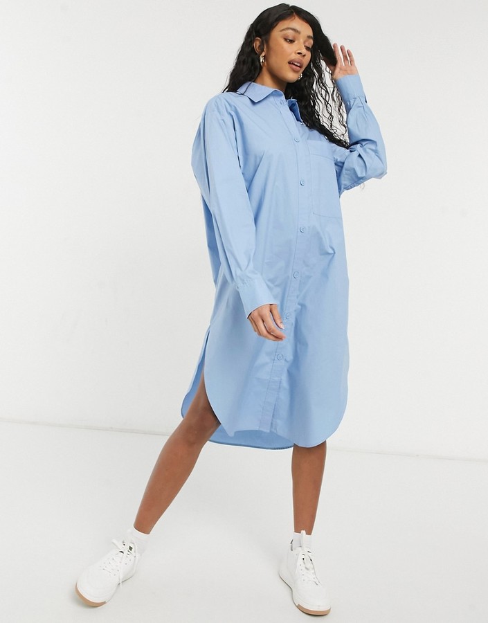 Monki Carol cotton poplin midi shirt dress in blue - ShopStyle