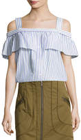 Thumbnail for your product : Veronica Beard Lacey Striped Cold-Shoulder Top, Blue/White