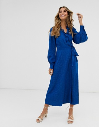 And other stories & jacquard wrap-front midaxi dress in bright blue