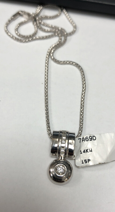 Diana M 14kt White Gold Diamond Pendant Featuring 0.30 Cts Of Round And Baguette Diamonds