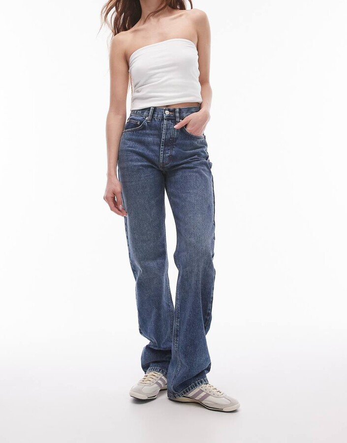 Topshop high rise straight Kort jeans in mid blue ShopStyle