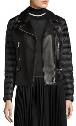 Moncler Souci Mixed-Media Leather Moto Jacket, Black