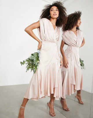 ASOS EDITION satin wrap midi dress with ruched detail in blush