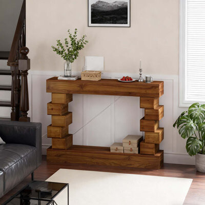 Hokku Designs Geometric Block Stacked Wood Console Tablefor Modern and Artistic Interiors