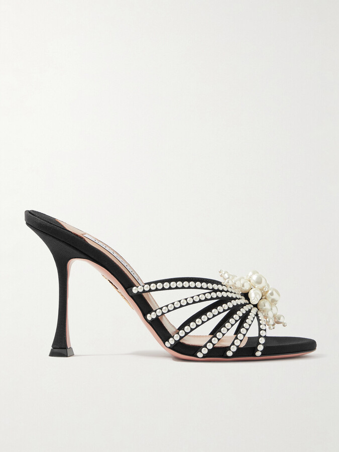 【AQUAZZURA】carrie 75 crystal-embellished satin mules Aquazzura Carrie 75 Metallic Pvc And Leather Mules - Pink