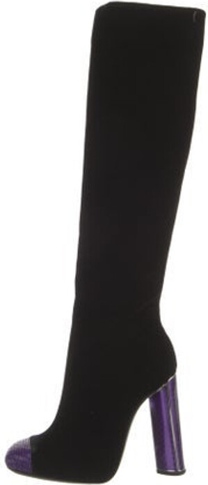 Tom Ford Velvet Knee-High Boots Black Semi-Pointed Toes with Beaded Accents Exposed Zip Closure at Sides Includes Box & Dust Bag