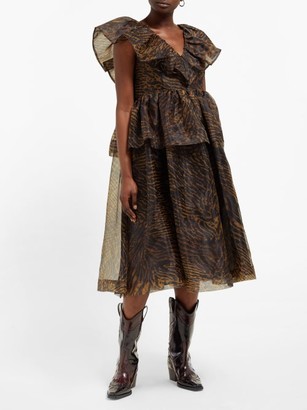 Ganni Tiger-print Ruffled Organza Dress - Brown