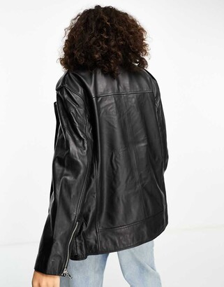 asos design tall oversized leather biker jacket in black