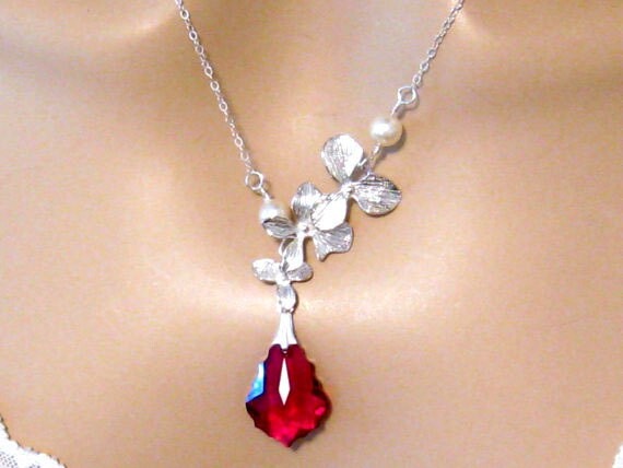 Etsy Red Orchid Wedding Necklace Swarovski Bridal Jewelry Pearl Accessory Jewelry