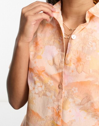 Miss Selfridge linen look resort shirt in orange tropical floral (part of a set)