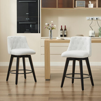360° Swivel Bar Stools Set Of 2-Modern Stools With Stain-Resistant Line&Button Tufted Back, Solid Wood Frame Barstools For Kitchen Island,Cafe Or Hom