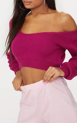 PrettyLittleThing Raspberry V Neck Off Shoulder Knitted Cropped Jumper