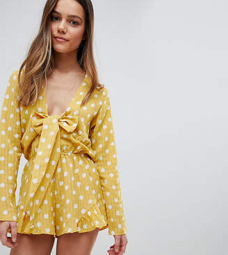 Glamorous Petite Playsuit With Frill Shorts And Bow Front In Polka Dot