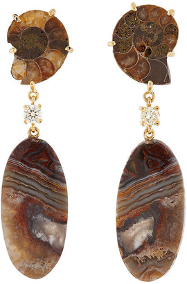 Jan Leslie 18k Bespoke 2-Tier One-of-a-Kind Luxury Earrings w/ Ammonite Fossil, Lace Agate & Diamonds