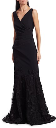 Teri Jon by Rickie Freeman Floral-Embroidered Tulle Soutache Hem Scuba Gown