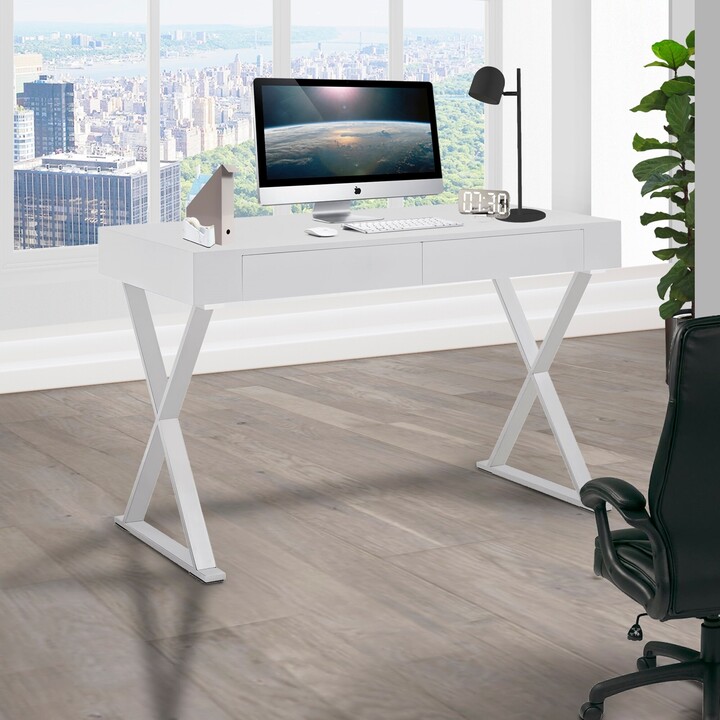 Parker Modern White High Gloss Home Office Computer Writing Desk with Silver Metal Legs ShopStyle