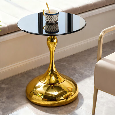 17 Stories Luxury Round End Table with Gold BaseSmall Side Table for Living RoomCircle Coffee Tables for Tea and DrinkLittle Martini Table Glass for Living