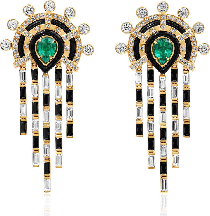 State Property Raisina Enchantress 18K Yellow Gold Diamond Emerald Earrings