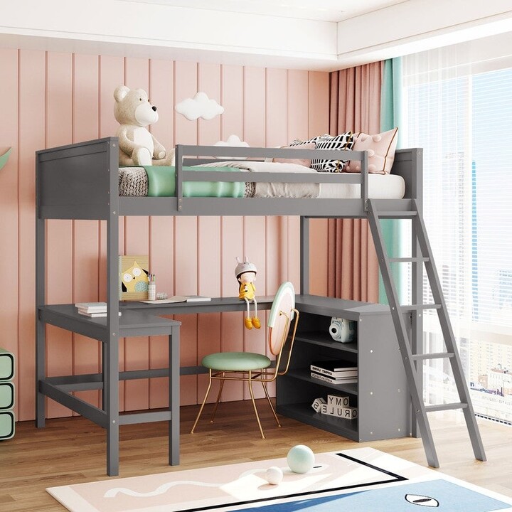 Aoolive Loft Bed Twin/Full Size, Twin/Full Loft Bed with Desk, Wooden
