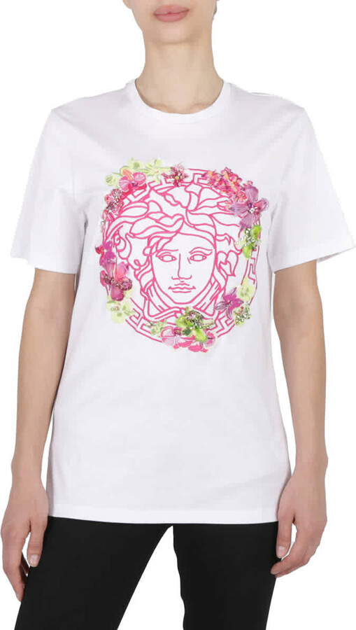 Ladies Optical White Medusa Embroidered Crewneck T-Shirt, Brand Size 36 (US Size 0)