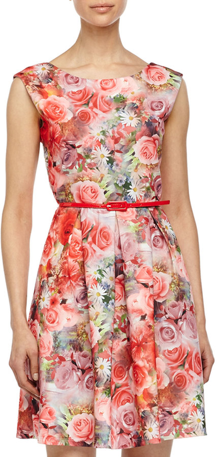 Neiman Marcus Floral-Print Belted Fit-and-Flare Dress, Coral/Multi ...