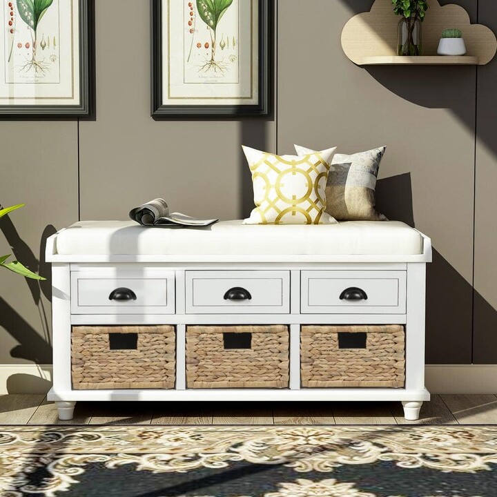 42.1 in. L x 15.4 in. W x 18.7 in. H Rustic White Storage Bench with 3-Drawers and 3-Rattan Baskets