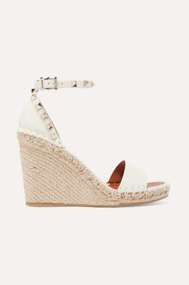 Valentino Black Garavani Rockstud 105 Textured-leather Espadrille Wedge Sand Sandals Regular (M 