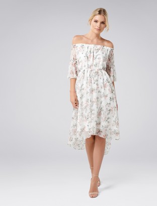 Forever New Claudia Petite Bardot High-Low Dress - White Floral Print - 10